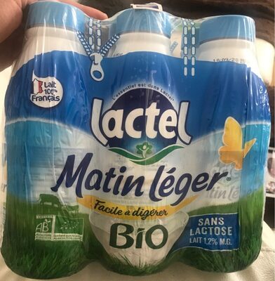 Pack de 6 bouteilles d'1L de lait demi-écrémé bio Matin Léger, marque Lactel