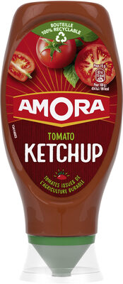 Amora ketchup in a 550g squeezable bottle with inverted nozzle
